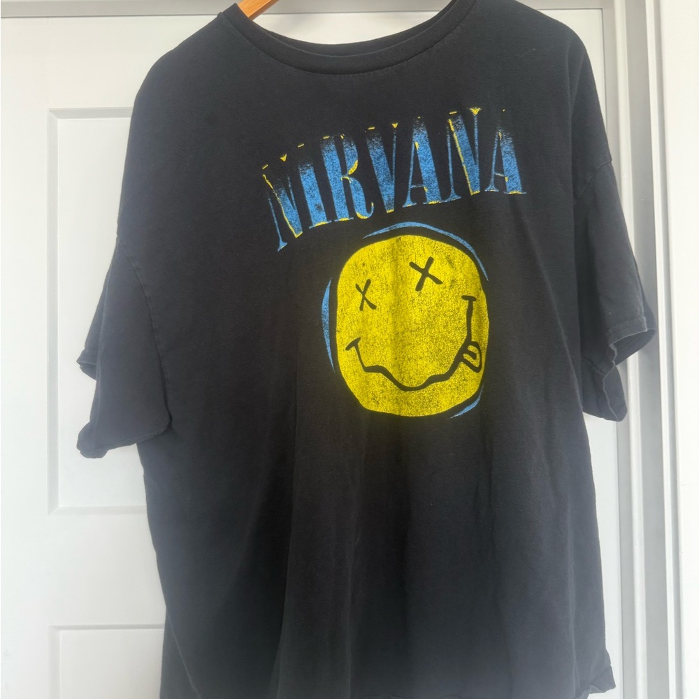 NIRVANA Black Tee with Yellow & Blue Smiley Graphic